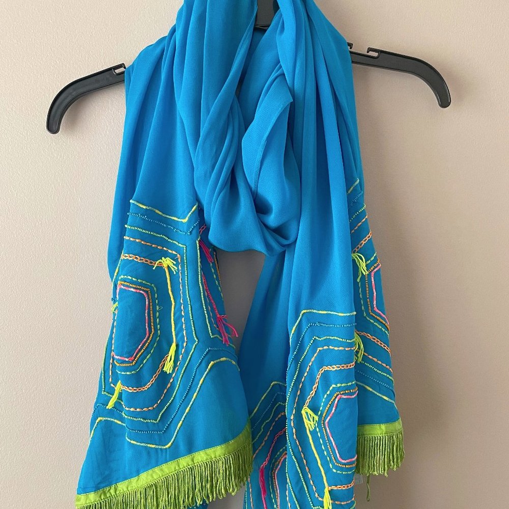 Anthropologie Ranna Gill Alfama Pop Scarf Embroidered Beaded Wrap Shawl NWT